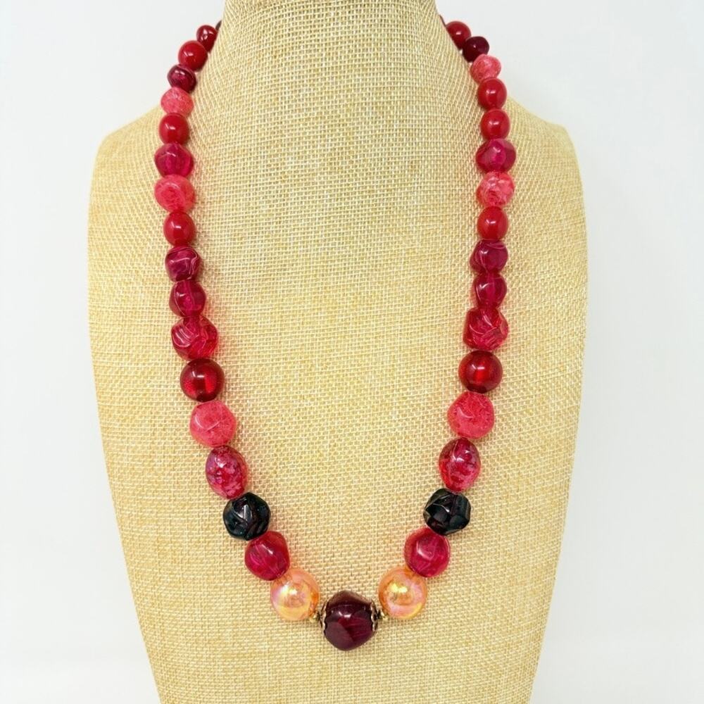 Vintage Chunky Red Pink Lucite Glass Bead Statement Necklace Gold Tone